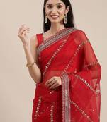 red red striped sequinned organza saree