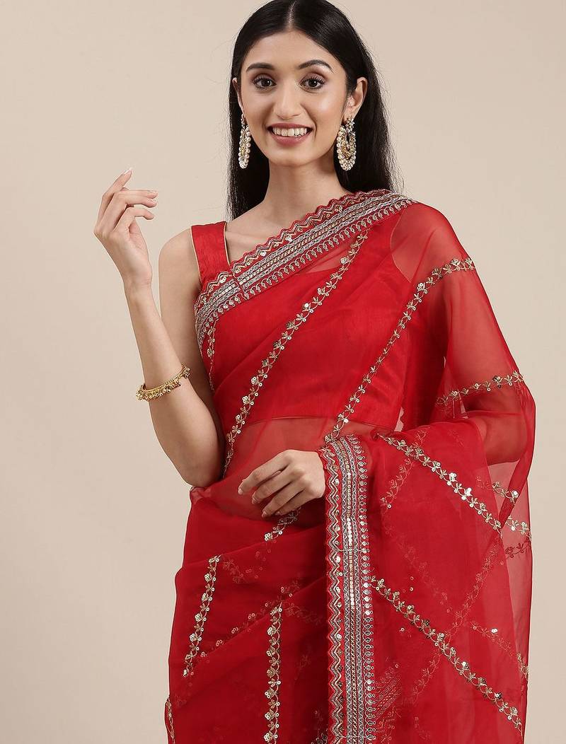 red red striped sequinned organza saree
