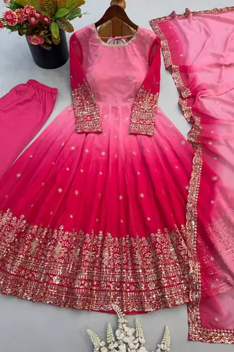 Designer pink shaded long flared anarkali suit set for women
