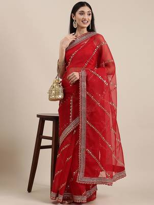 red red striped sequinned organza saree 2