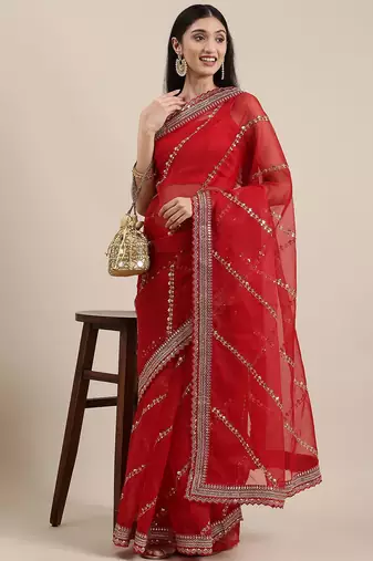 red red striped sequinned organza saree