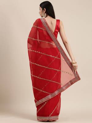 red red striped sequinned organza saree 3