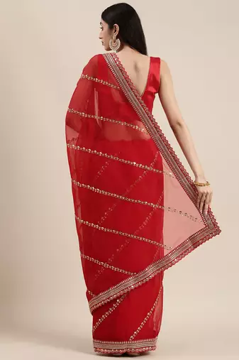 red red striped sequinned organza saree
