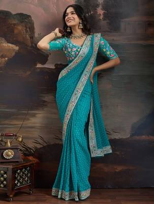 blue bandhani printed embroidered pure georgette bandhani saree 1