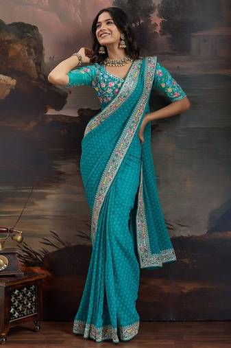 blue bandhani printed embroidered pure georgette bandhani saree
