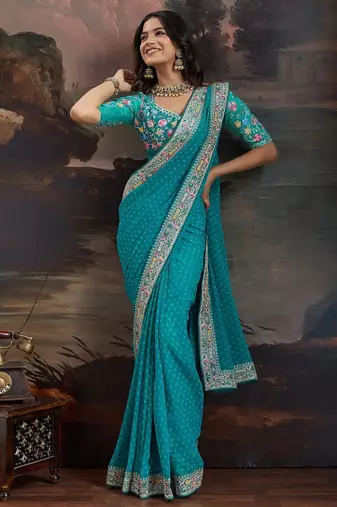 blue bandhani printed embroidered pure georgette bandhani saree