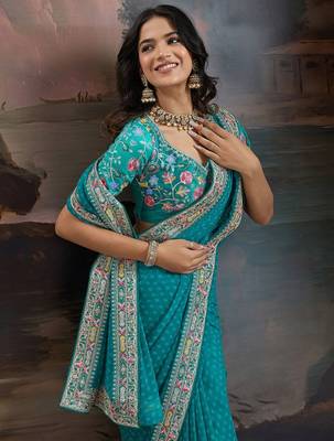 blue bandhani printed embroidered pure georgette bandhani saree 2