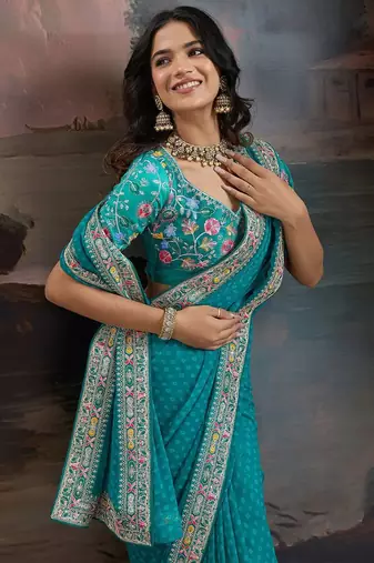 blue bandhani printed embroidered pure georgette bandhani saree