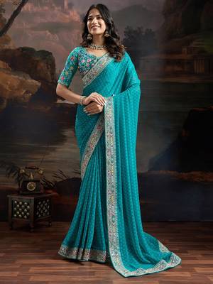 blue bandhani printed embroidered pure georgette bandhani saree 3