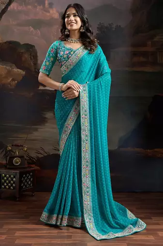 blue bandhani printed embroidered pure georgette bandhani saree