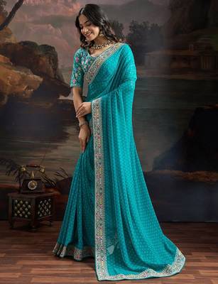 blue bandhani printed embroidered pure georgette bandhani saree 4