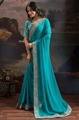 blue bandhani printed embroidered pure georgette bandhani saree