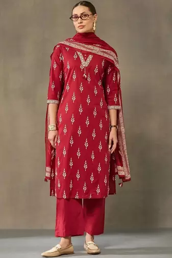women ethnic motifs printed regular cotton kurta with trousers & with dupatta
