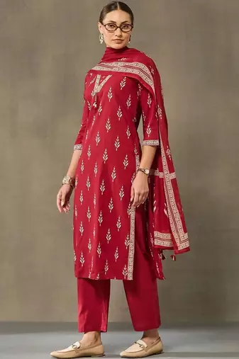women ethnic motifs printed regular cotton kurta with trousers & with dupatta