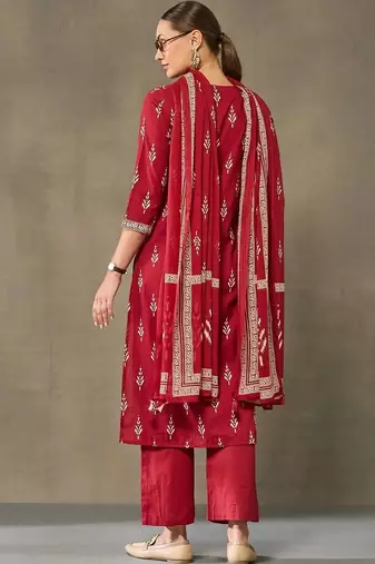 women ethnic motifs printed regular cotton kurta with trousers & with dupatta