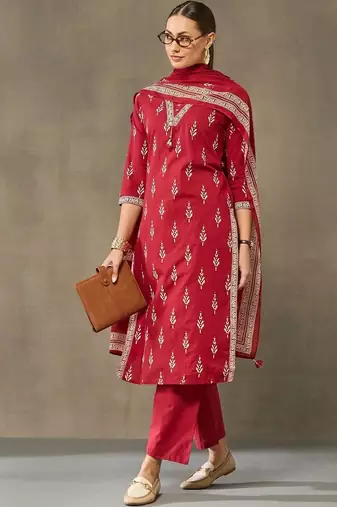 women ethnic motifs printed regular cotton kurta with trousers & with dupatta