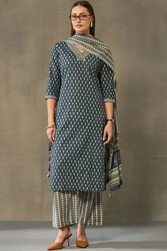 women printed regular cotton kurta with palazzos & with dupatta