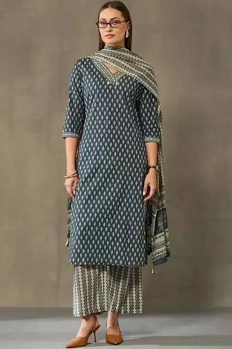 women printed regular cotton kurta with palazzos & with dupatta