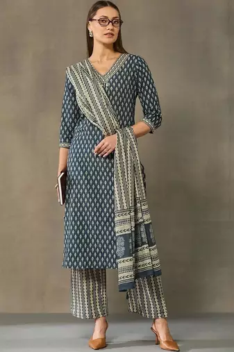 women printed regular cotton kurta with palazzos & with dupatta