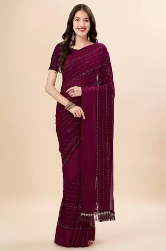 purple purple & black striped stone work pure chiffon saree