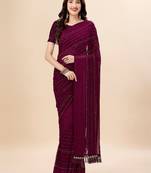 purple purple & black striped stone work pure chiffon saree