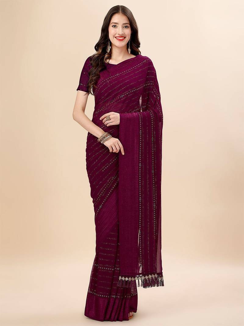 purple purple & black striped stone work pure chiffon saree
