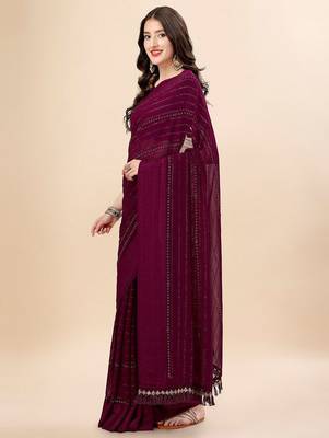 purple purple & black striped stone work pure chiffon saree 2