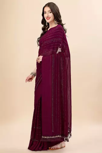 purple purple & black striped stone work pure chiffon saree