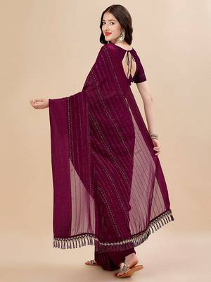 purple purple & black striped stone work pure chiffon saree 3