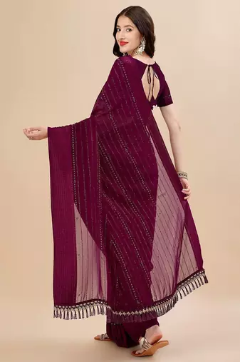 purple purple & black striped stone work pure chiffon saree