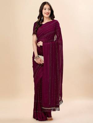 purple purple & black striped stone work pure chiffon saree 4