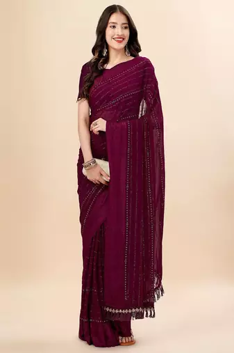 purple purple & black striped stone work pure chiffon saree