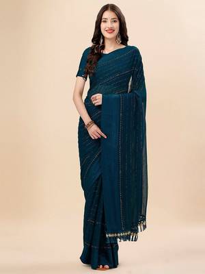 teal teal & black striped beads & stone work pure chiffon saree 1