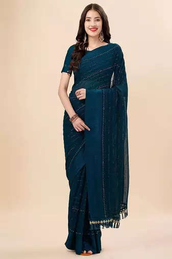 teal teal & black striped beads & stone work pure chiffon saree