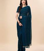 teal teal & black striped beads & stone work pure chiffon saree