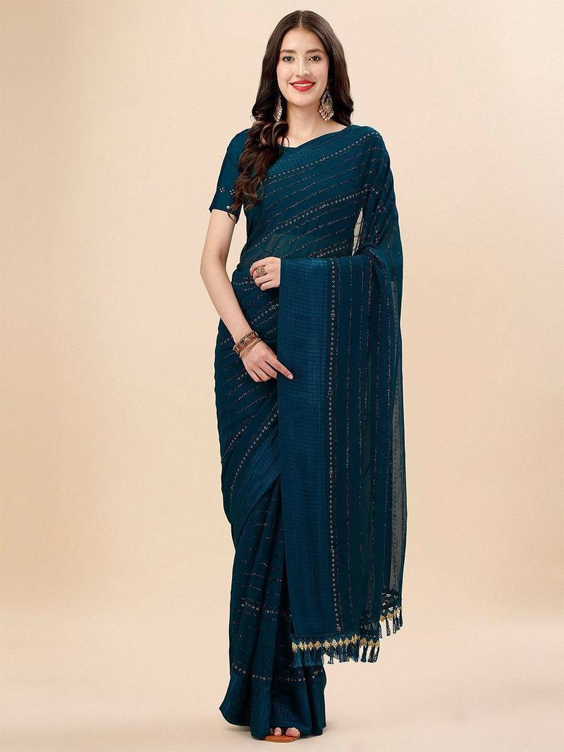 teal teal & black striped beads & stone work pure chiffon saree
