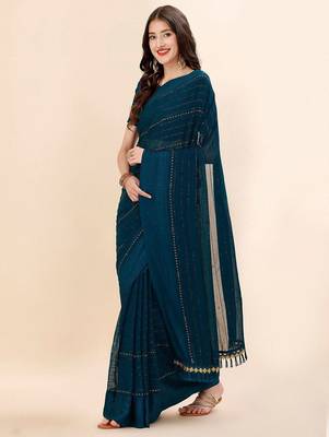 teal teal & black striped beads & stone work pure chiffon saree 2