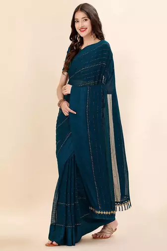 teal teal & black striped beads & stone work pure chiffon saree