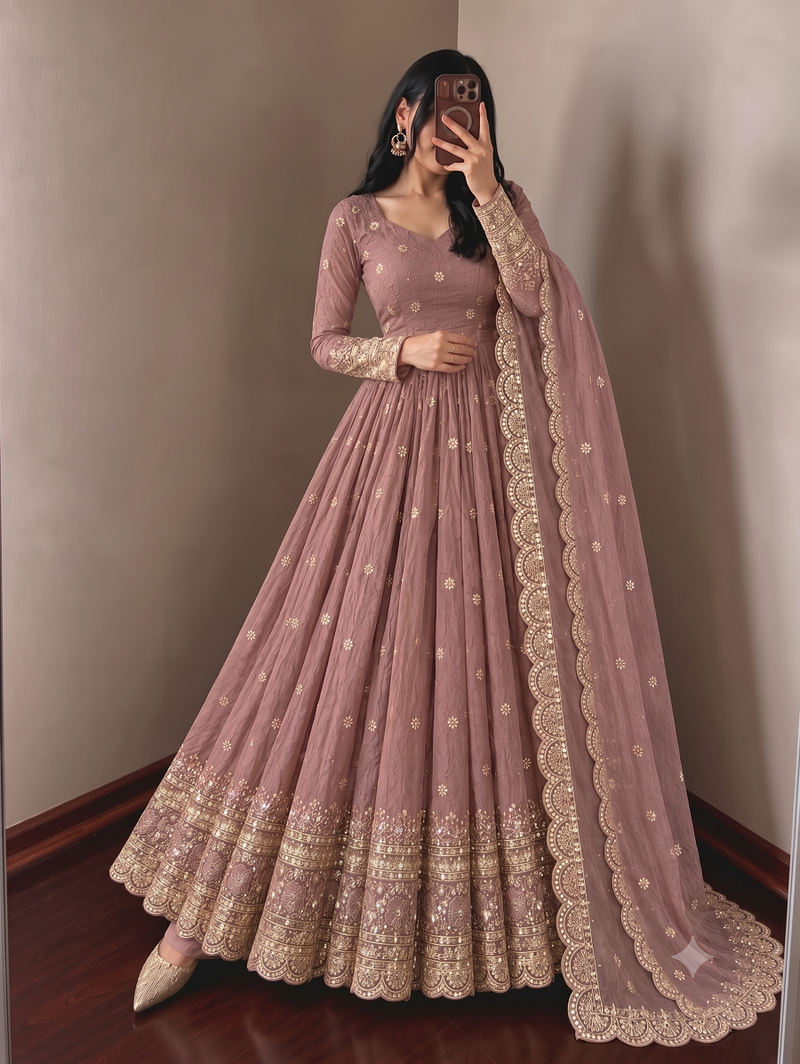 Women's heavy embroidered anarkali kurta pant set with dupatta