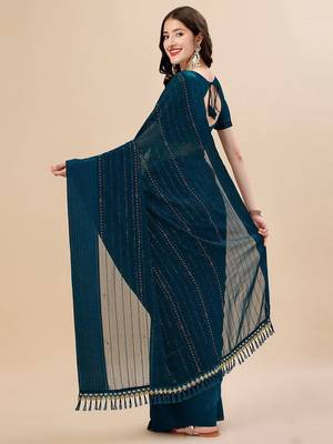 teal teal & black striped beads & stone work pure chiffon saree 3