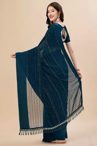 teal teal & black striped beads & stone work pure chiffon saree