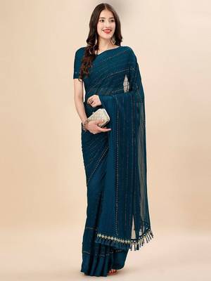 teal teal & black striped beads & stone work pure chiffon saree 4