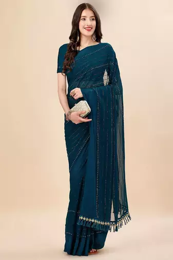 teal teal & black striped beads & stone work pure chiffon saree