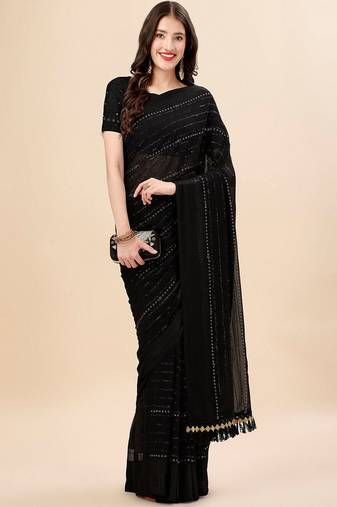 black black striped beads and stones pure chiffon saree