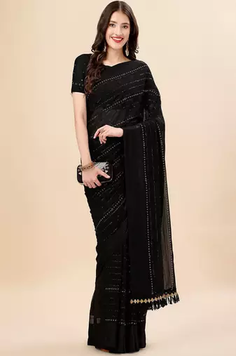 black black striped beads and stones pure chiffon saree