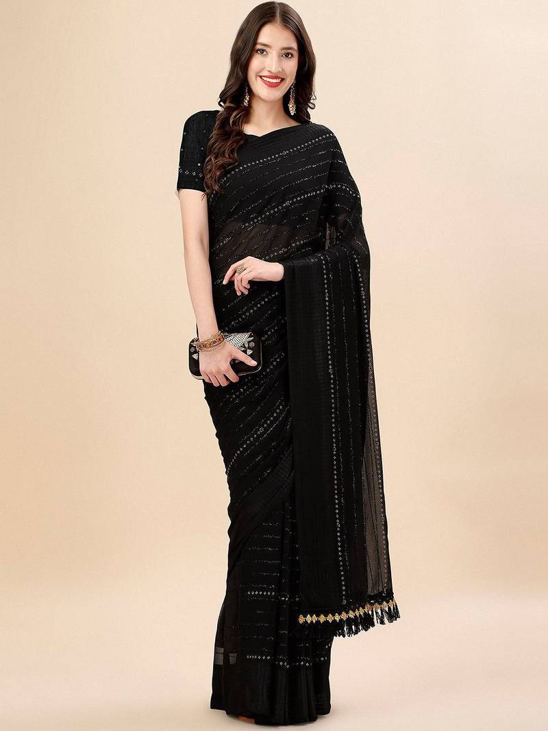 black black striped beads and stones pure chiffon saree