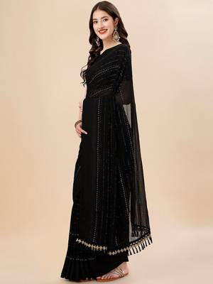 black black striped beads and stones pure chiffon saree 2