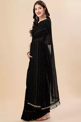 black black striped beads and stones pure chiffon saree