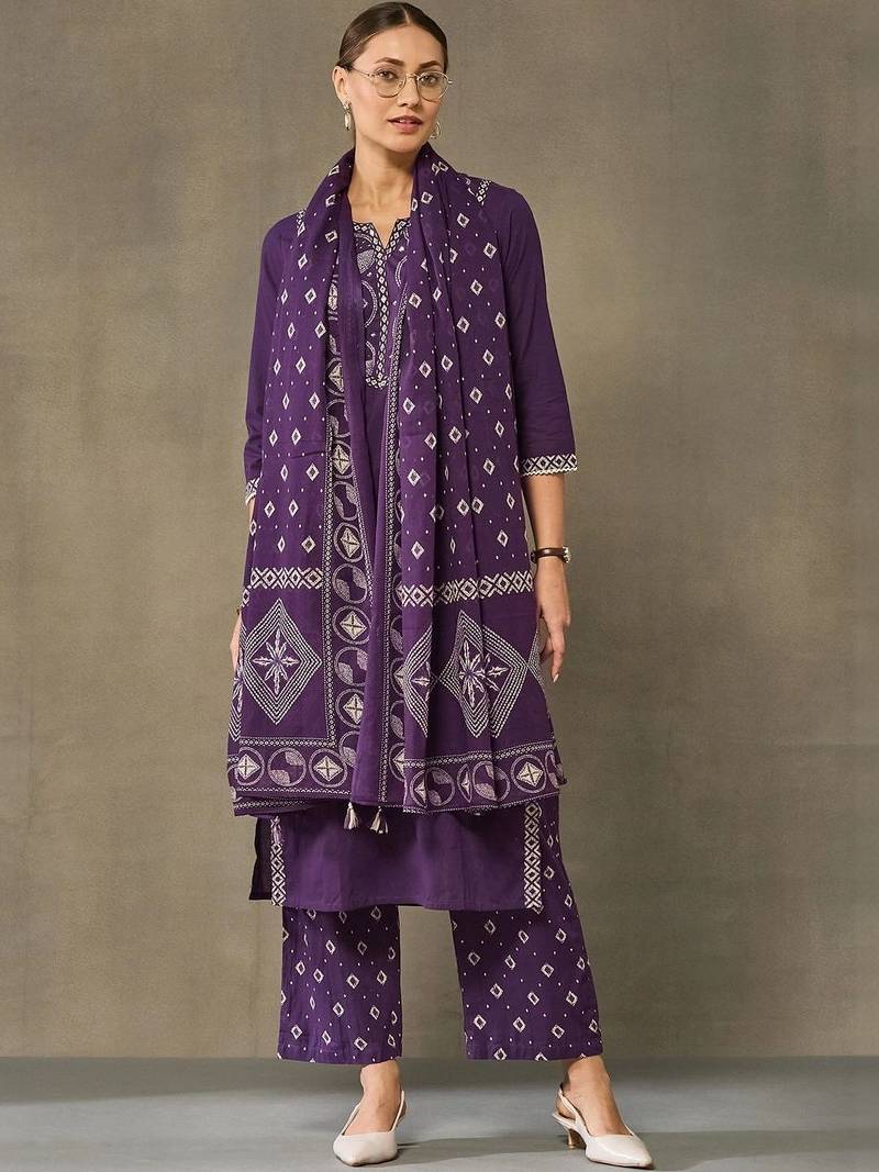 women embroidered regular thread work cotton kurta with palazzos & with dupatta
