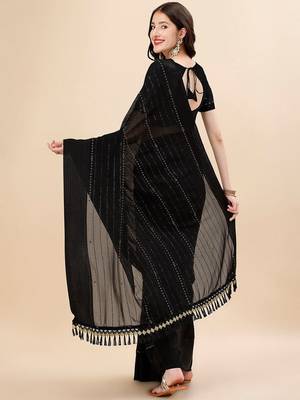 black black striped beads and stones pure chiffon saree 3